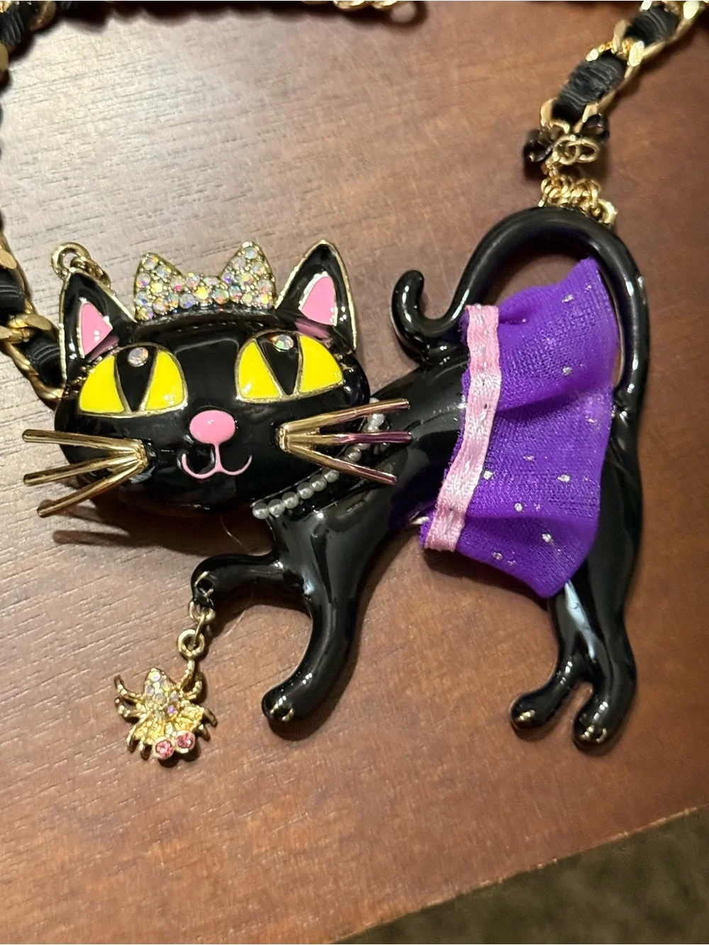 Betsey Johnson Black Cat Necklace with Purple Skirt & Yellow Eyes
